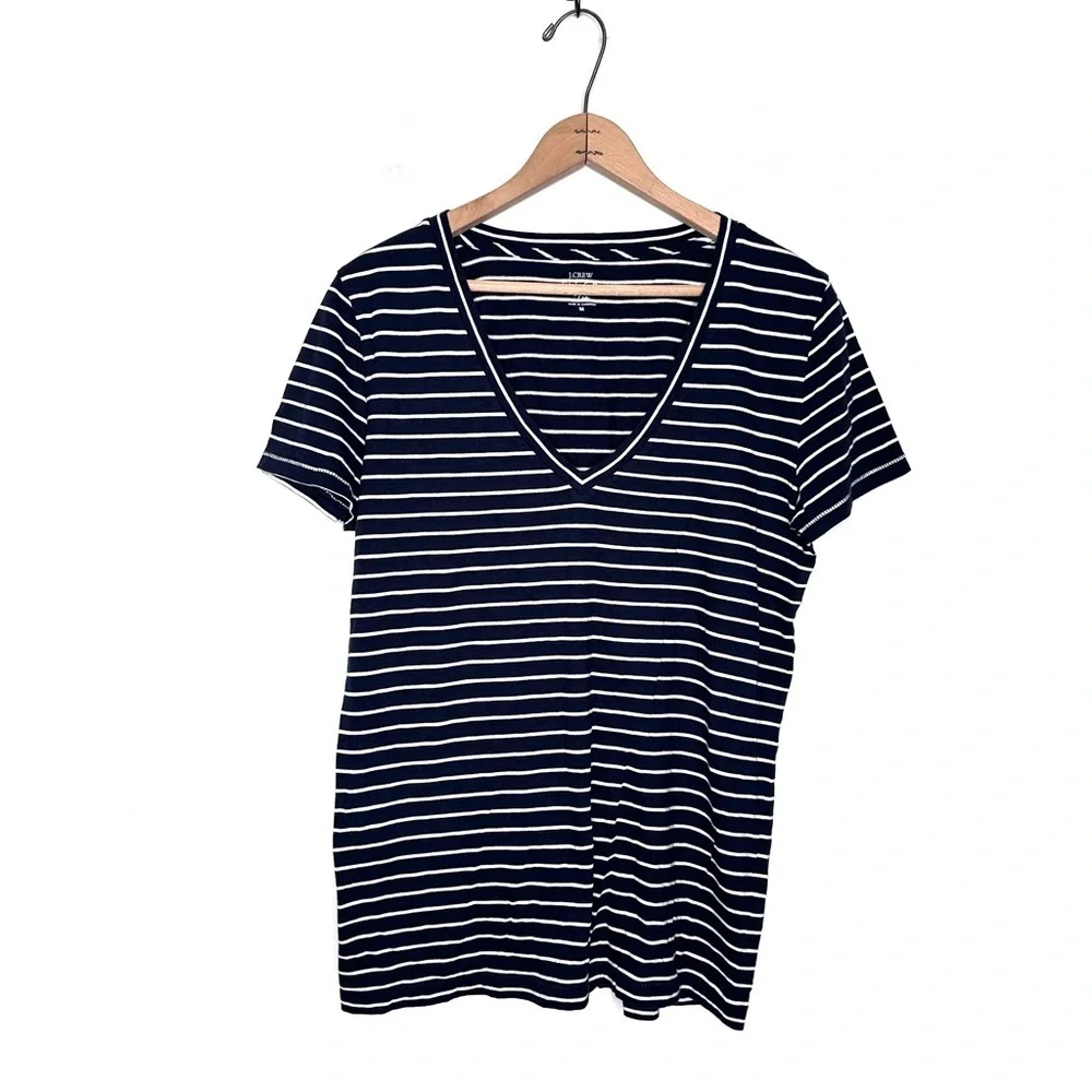 J. Crew Navy and White Stripes Cotton Slub V-neck Tee Size Medium